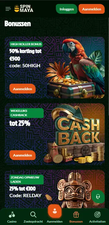 Spinmaya Casino — Bonussen Spinmaya Casino bonuspagina op mobiel met High Roller Bonus 50% tot €500, wekelijkse cashback tot 25% en zondag reload 25% tot €100