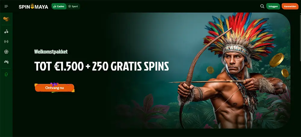 Spinmaya Casino — Welkomstpakket Spinmaya Casino homepagina banner met welkomstpakket tot €1.500 plus 250 gratis spins en een inheemse krijger met boog