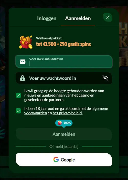 Spinmaya Casino — Aanmelden Spinmaya Casino registratieformulier met welkomstbonus tot €1.500 en 250 gratis spins, e-mailinvoer en Google-aanmeldoptie