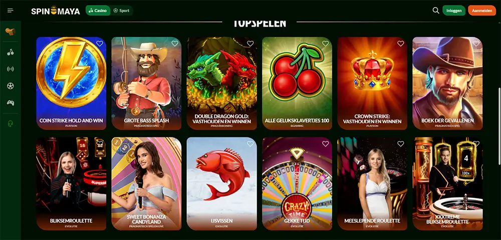 Spinmaya Casino — Topspelen Spinmaya Casino topspelen sectie met populaire slots zoals Coin Strike, Grote Bass Splash en live casinospellen van Evolution